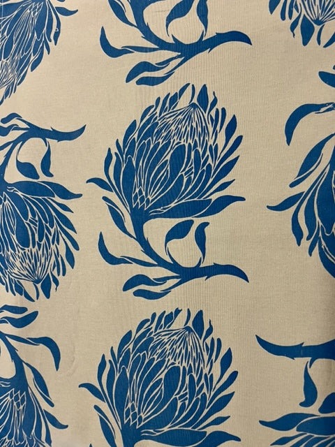 2m Stowe & So Table Cloth. Protea in Blue on Tan.