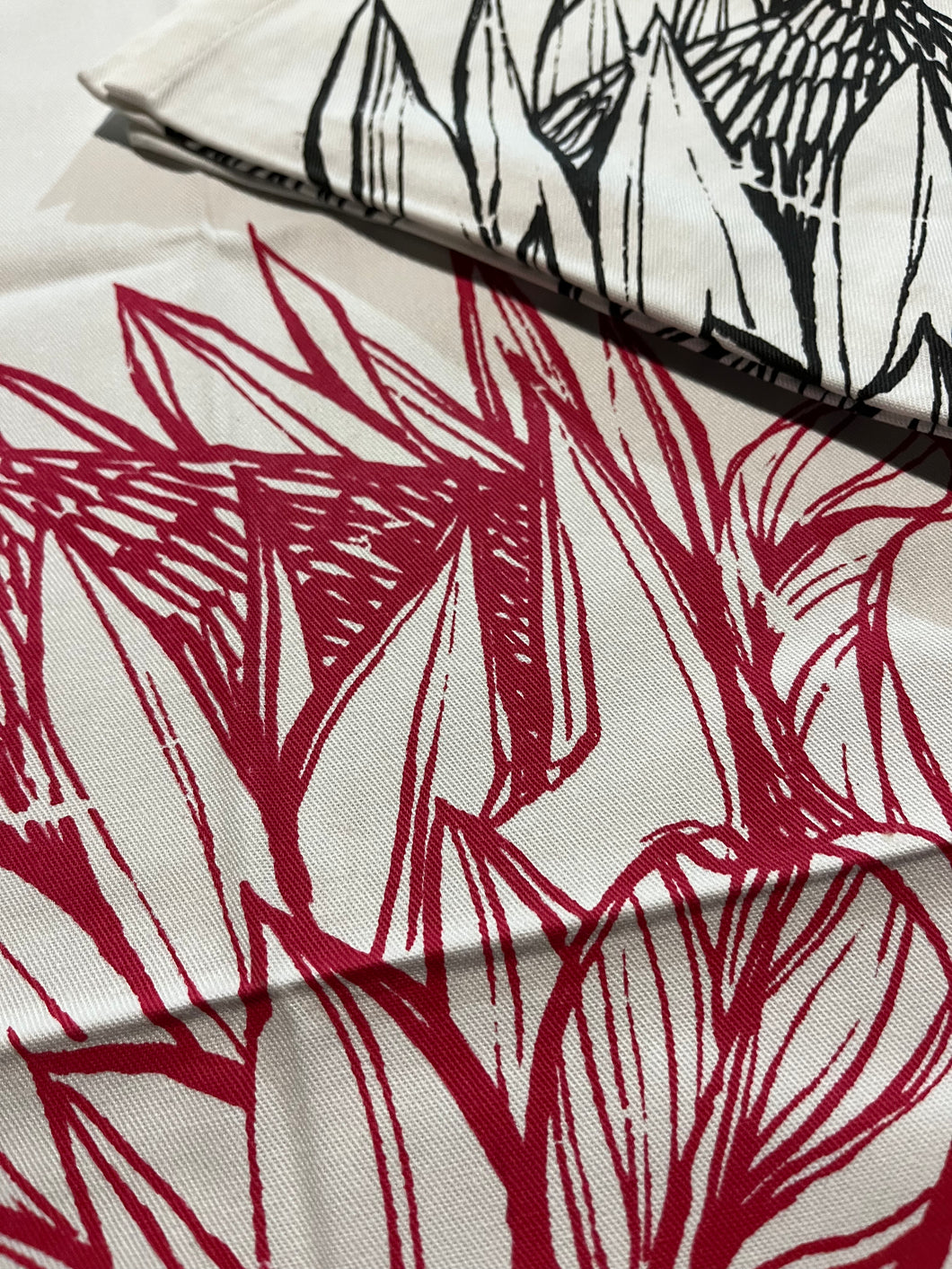 Protea Tea Towels Set. Red and Charcoal.