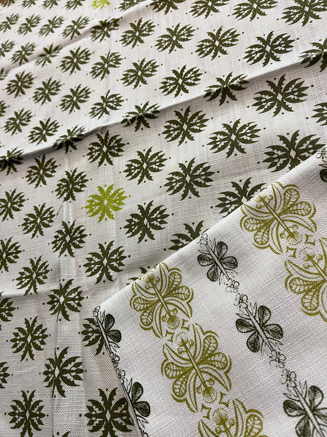 Hedges and Aloes Tea Towels Set. Shades of olive.