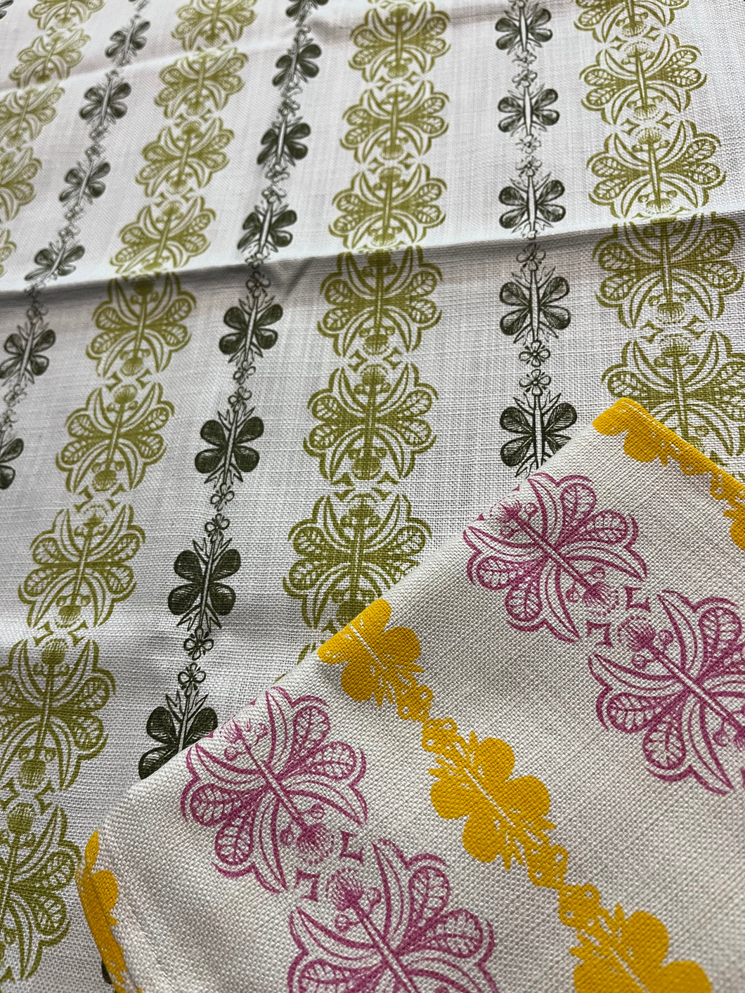 Hedges Tea Towels Set. Olives and Pink.