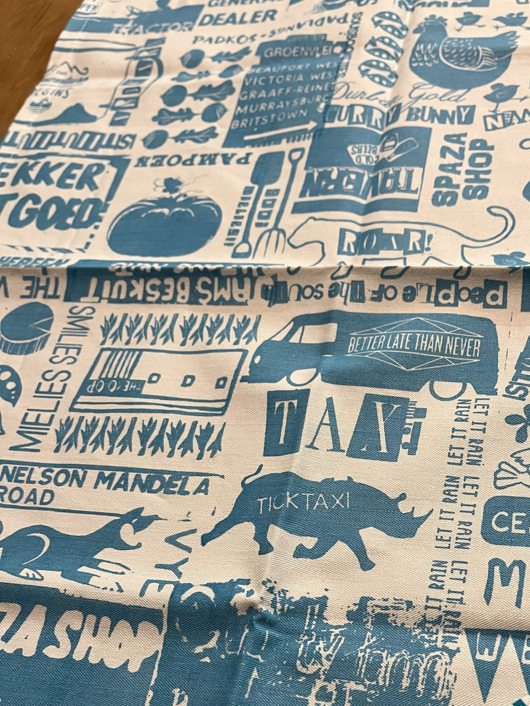 Small Town Tea Towel Set. Blue and Olive.