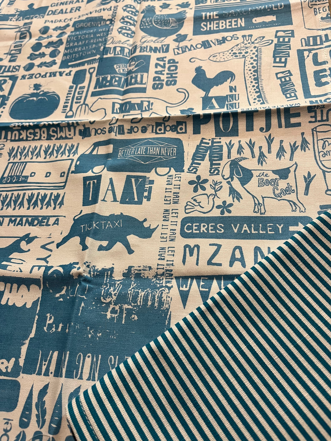 Small Town Tea Towel Set. Blue and Stripe.