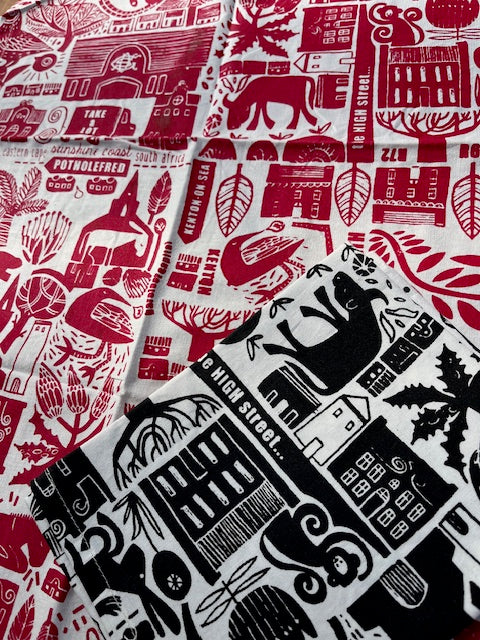 Small Town Tea Towel Set. Black and Red.