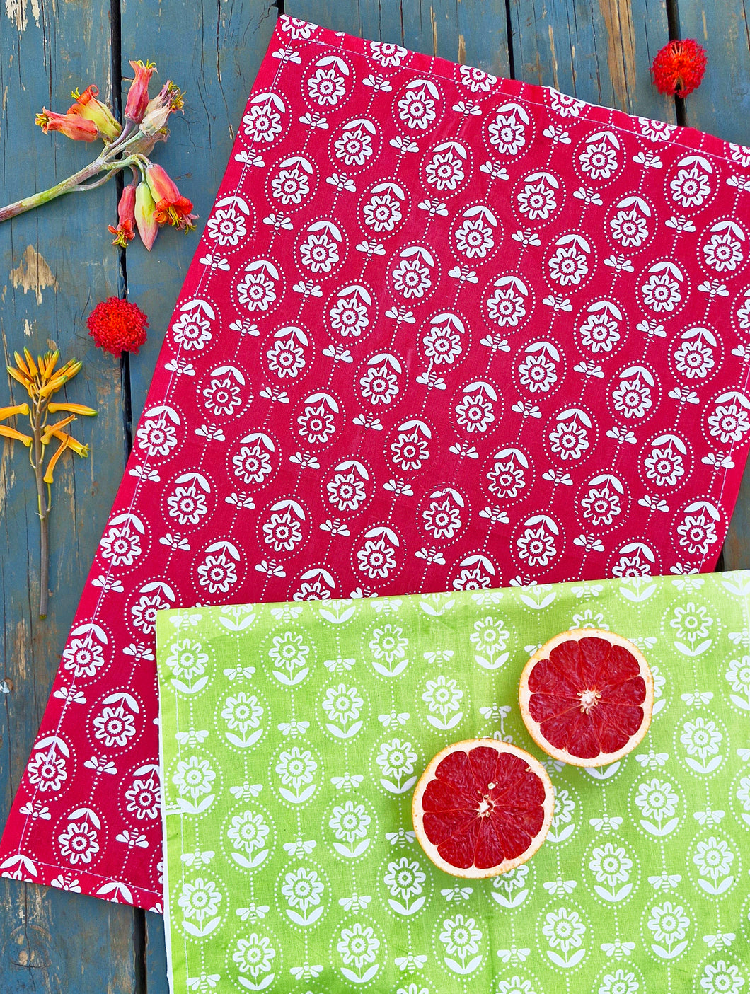 Bee Line Tea Towel Set. Coral and Lime.